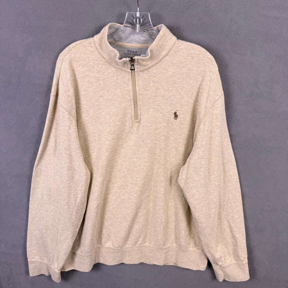 Polo Ralph Lauren Quarter Zip Sweater Men XL Beige Pullover Logo Heritage Prep